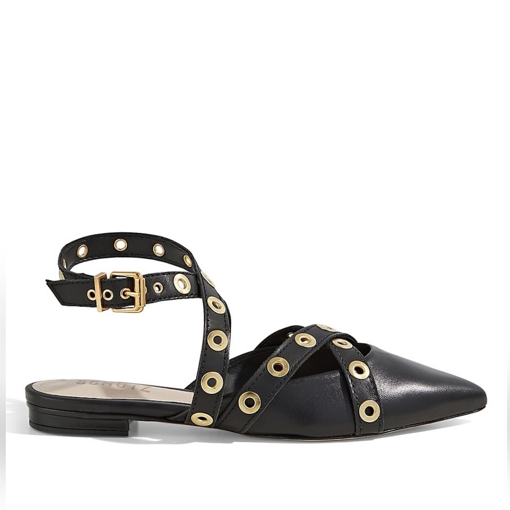 Schutz Emmie Ankle-Wrap Studded Leather Cutout Flats Buckle Black/Gold Size 6.5B
